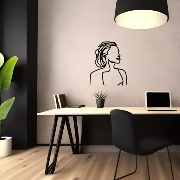 Sophisticated Wall Art: Metal Cut Sign of Woman with Elegant Bun 2